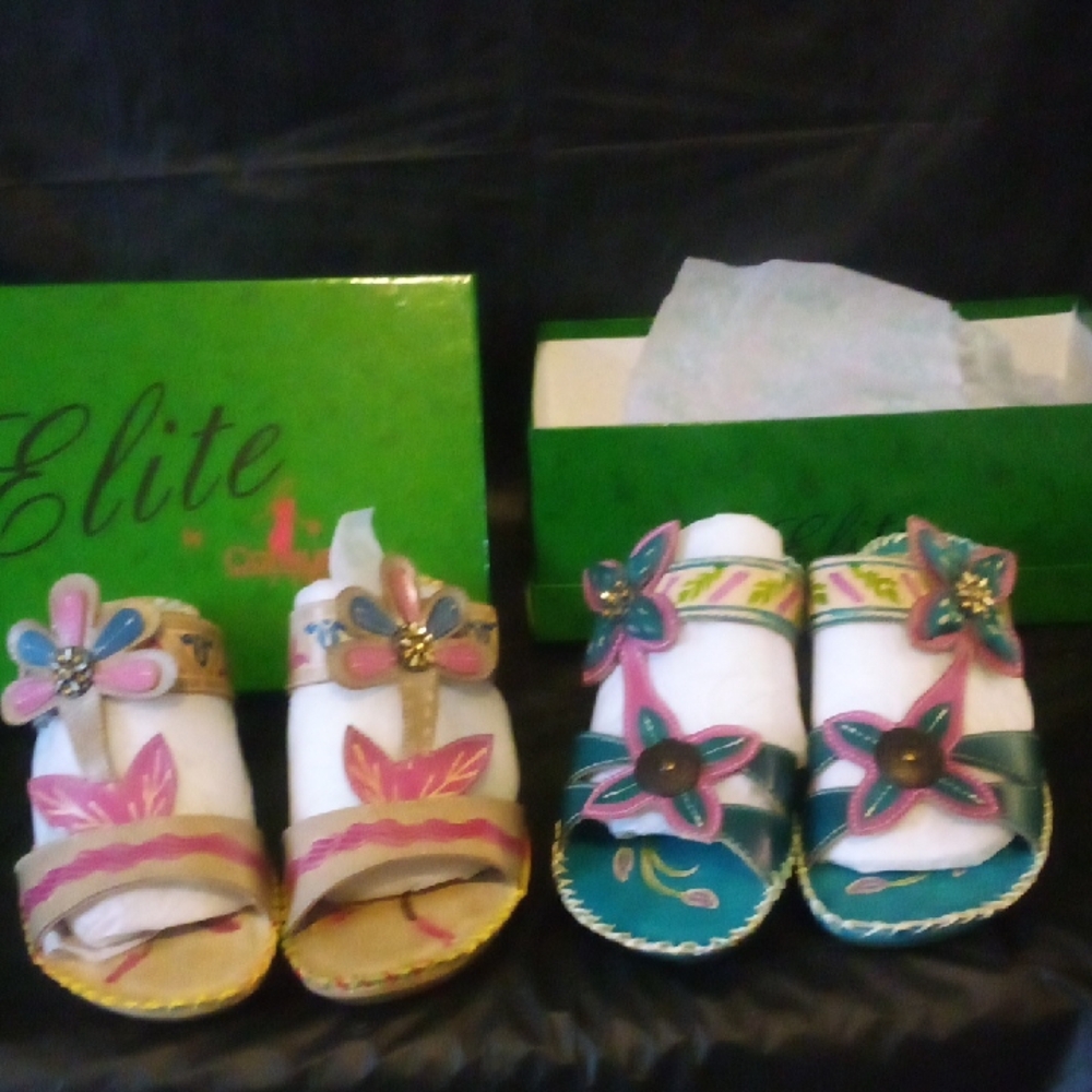 Elite leather heels 2" Floral Sandals Set, 2 for price of 1, colorful & fun